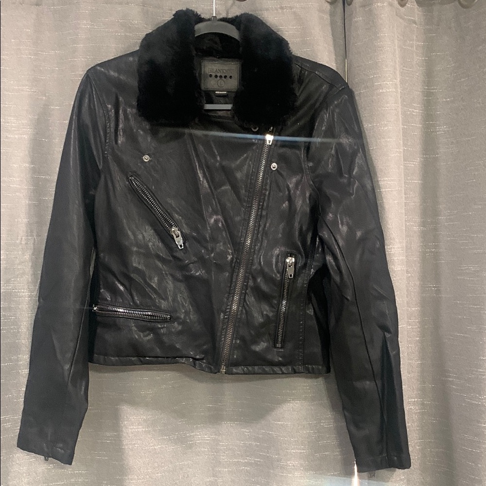 Blank NYC Black Leather Jacket with Fur Collar